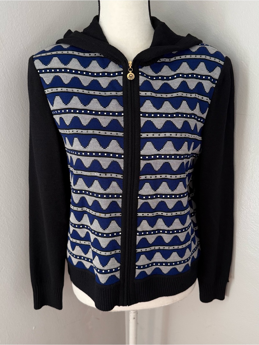 St. John Knit SPORT Black Blue White Palettes Hooded Jacket Santana Knit Small